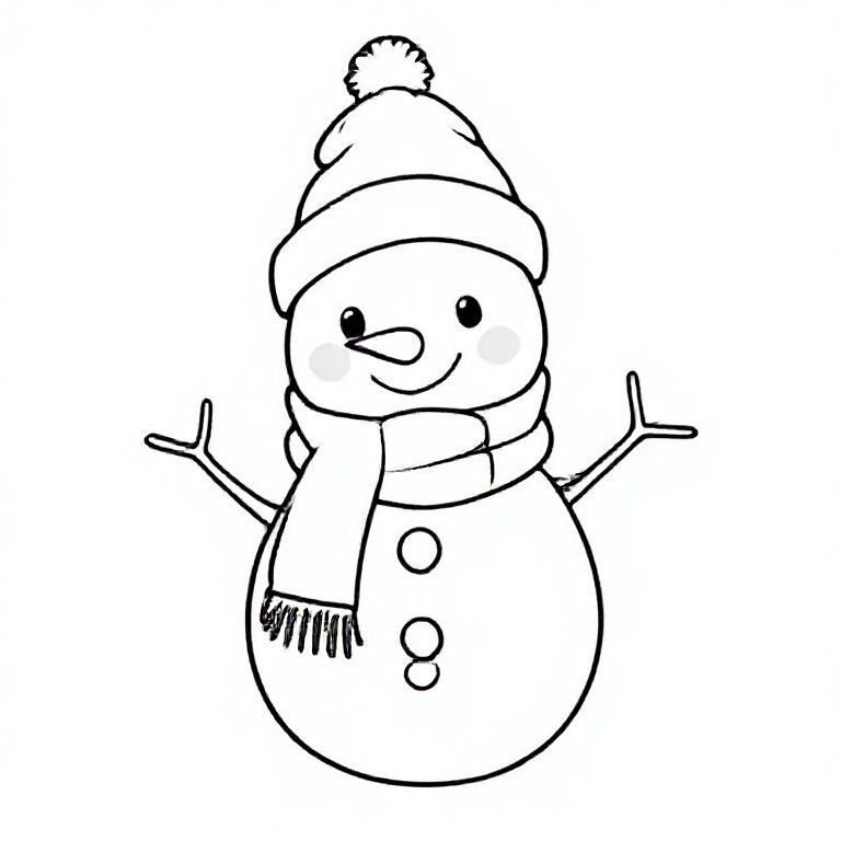 Cute snowman wearing a scarf and hat, cute Christmas themed illustration for kids, black and white coloring book page, clean vector line art, bold thick outlines, no color, no shading, no grayscale, no background shading, only black lines on white background, super clean and simple, perfect for children coloring, 8.5x11 layout, high resolution, smooth lines, no textures,  no gradients, no fill areas, simple shapes, line drawing only
