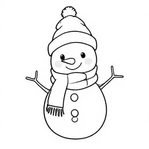 Cute snowman wearing a scarf and hat, cute Christmas themed illustration for kids, black and white coloring book page, clean vector line art, bold thick outlines, no color, no shading, no grayscale, no background shading, only black lines on white background, super clean and simple, perfect for children coloring, 8.5x11 layout, high resolution, smooth lines, no textures,  no gradients, no fill areas, simple shapes, line drawing only
