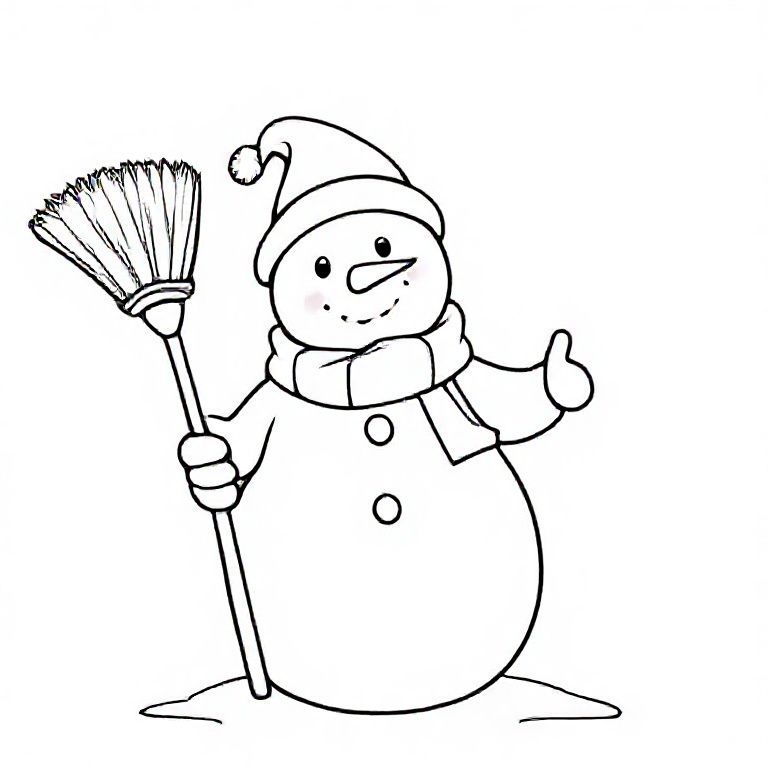 Snowman holding a broom, cute Christmas themed illustration for kids, black and white coloring book page, clean vector line art, bold thick outlines, no color, no shading, no grayscale, no background shading, only black lines on white background, super clean and simple, perfect for children coloring, 8.5x11 layout, high resolution, smooth lines, no textures, no gradients,  no fill areas, simple shapes, line drawing only
