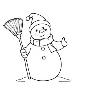Snowman holding a broom, cute Christmas themed illustration for kids, black and white coloring book page, clean vector line art, bold thick outlines, no color, no shading, no grayscale, no background shading, only black lines on white background, super clean and simple, perfect for children coloring, 8.5x11 layout, high resolution, smooth lines, no textures, no gradients,  no fill areas, simple shapes, line drawing only
