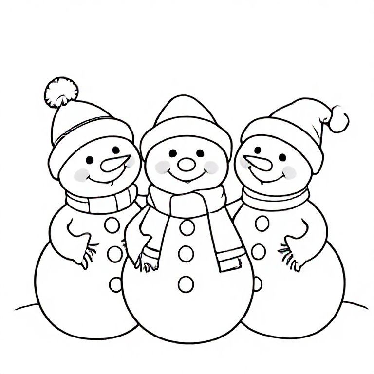 Snowman family (3 snowmen) smiling together, cute Christmas themed illustration for kids, black and white coloring book page, clean vector line art, bold thick outlines, no color, no shading, no grayscale, no background shading, only black lines on white background, super clean and simple, perfect for children coloring, 8.5x11 layout, high resolution, smooth lines, no textures,  no gradients, no fill areas, simple shapes, line drawing only
