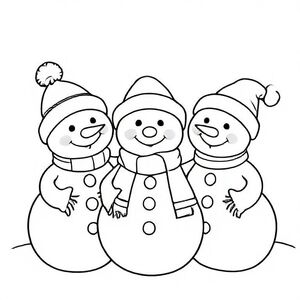 Snowman family (3 snowmen) smiling together, cute Christmas themed illustration for kids, black and white coloring book page, clean vector line art, bold thick outlines, no color, no shading, no grayscale, no background shading, only black lines on white background, super clean and simple, perfect for children coloring, 8.5x11 layout, high resolution, smooth lines, no textures,  no gradients, no fill areas, simple shapes, line drawing only
