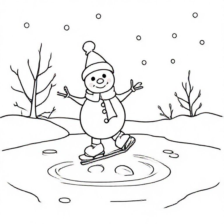 Snowman ice skating on a pond, cute Christmas themed illustration for kids, black and white coloring book page, clean vector line art, bold thick outlines, no color, no shading, no grayscale, no background shading, only black lines on white background, super clean and simple, perfect for children coloring, 8.5x11 layout, high resolution, smooth lines, no textures,  no gradients, no fill areas, simple shapes, line drawing only