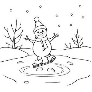 Snowman ice skating on a pond, cute Christmas themed illustration for kids, black and white coloring book page, clean vector line art, bold thick outlines, no color, no shading, no grayscale, no background shading, only black lines on white background, super clean and simple, perfect for children coloring, 8.5x11 layout, high resolution, smooth lines, no textures,  no gradients, no fill areas, simple shapes, line drawing only