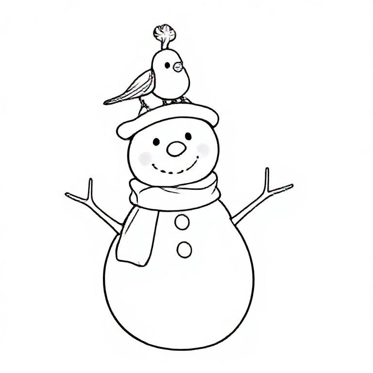 Snowman with a bird sitting on his hat, cute Christmas themed illustration for kids, black and white coloring book page, clean vector line art, bold thick outlines, no color, no shading, no grayscale, no background shading, only black lines on white background, super clean and simple, perfect for children coloring, 8.5x11 layout, high resolution, smooth lines,  no textures, no gradients, no fill areas, simple shapes, line drawing only
