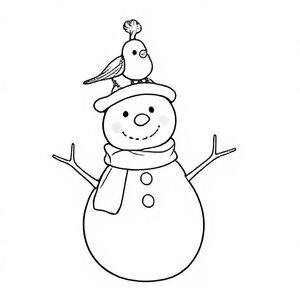 Snowman with a bird sitting on his hat, cute Christmas themed illustration for kids, black and white coloring book page, clean vector line art, bold thick outlines, no color, no shading, no grayscale, no background shading, only black lines on white background, super clean and simple, perfect for children coloring, 8.5x11 layout, high resolution, smooth lines,  no textures, no gradients, no fill areas, simple shapes, line drawing only
