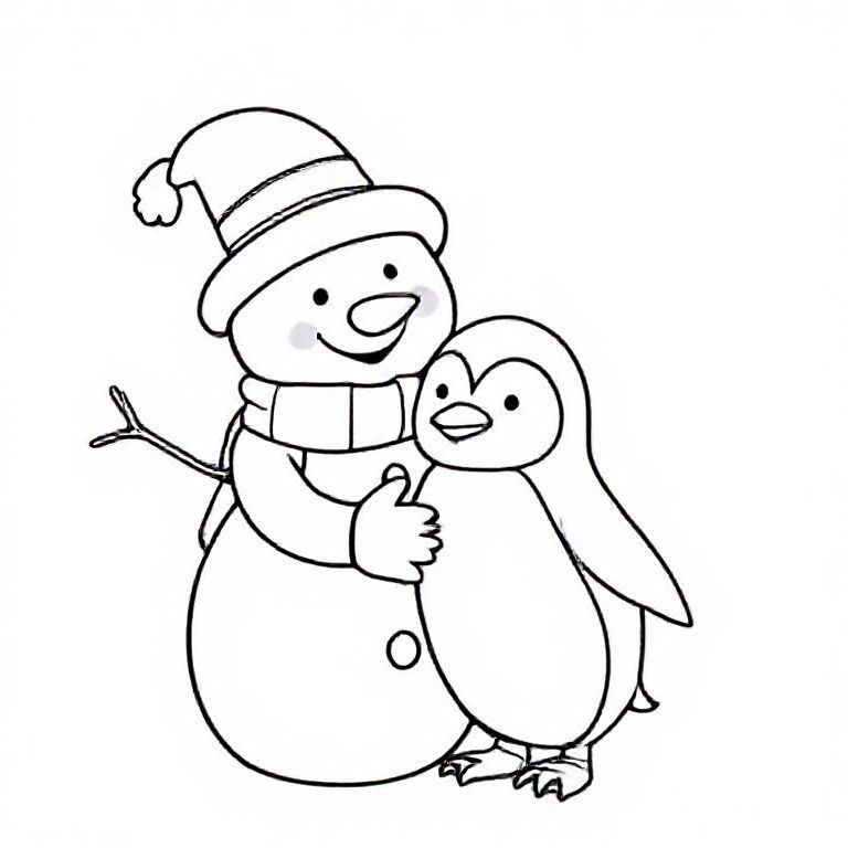 Snowman and a penguin hugging, cute Christmas themed illustration for kids, black and white coloring book page, clean vector line art, bold thick outlines, no color, no shading, no grayscale, no background shading, only black lines on white background, super clean and simple, perfect for children coloring, 8.5x11 layout, high resolution, smooth lines, no textures, no gradients,  no fill areas, simple shapes, line drawing only