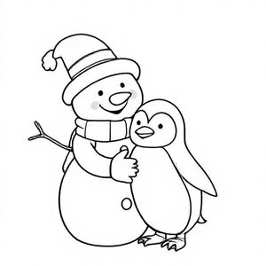 Snowman and a penguin hugging, cute Christmas themed illustration for kids, black and white coloring book page, clean vector line art, bold thick outlines, no color, no shading, no grayscale, no background shading, only black lines on white background, super clean and simple, perfect for children coloring, 8.5x11 layout, high resolution, smooth lines, no textures, no gradients,  no fill areas, simple shapes, line drawing only