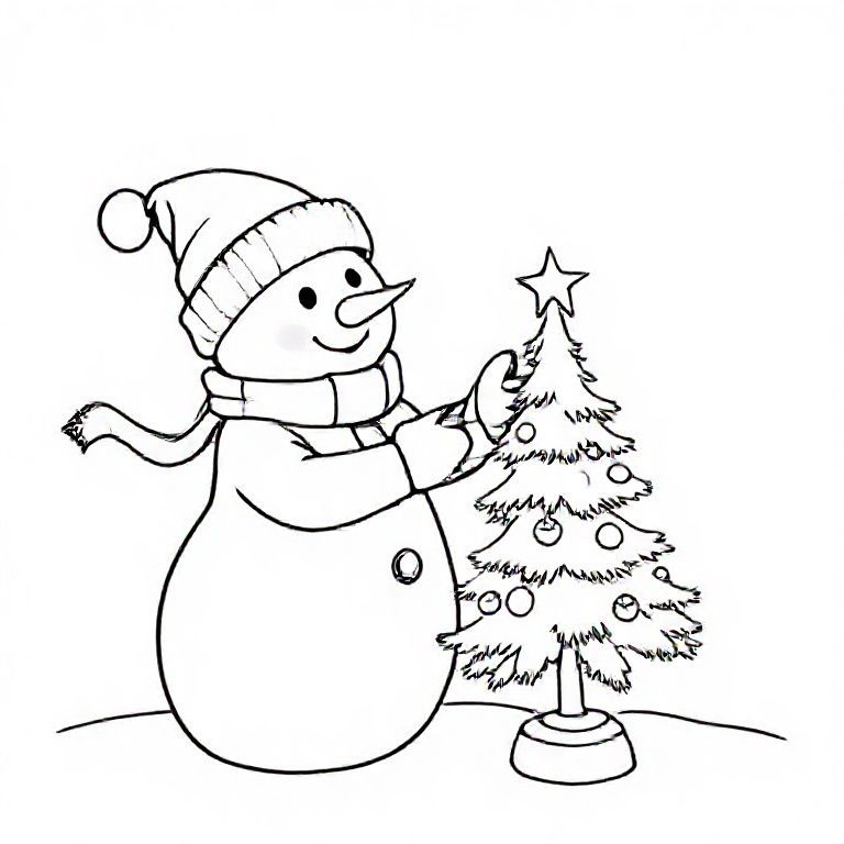 Snowman decorating a mini Christmas tree, cute Christmas themed illustration for kids, black and white coloring book page, clean vector line art, bold thick outlines, no color, no shading, no grayscale, no background shading, only black lines on white background, super clean and simple, perfect for children coloring, 8.5x11 layout, high resolution, smooth lines, no textures,  no gradients, no fill areas, simple shapes, line drawing only
