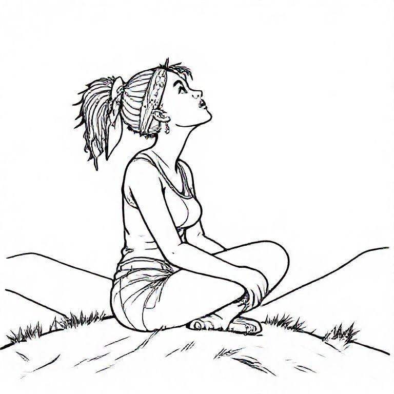 A women with tight kinky hair on a hill sitting pretzel style with a bandana in her hair looking up and the sky 