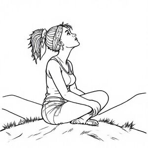 A women with tight kinky hair on a hill sitting pretzel style with a bandana in her hair looking up and the sky 