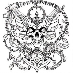 Steam punk theme, with skulls, chains, dark beauty, vines, clock pieces, feathers, anchors, half animal half machines, mystical, fairies