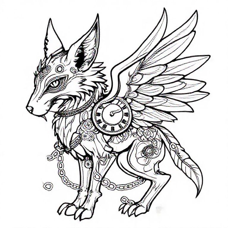 Half animal half machine, with chains, clock pieces, feathers, mystical steam punk theme, dark beauty 