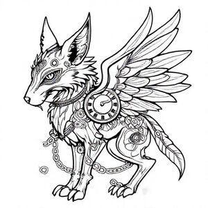 Half animal half machine, with chains, clock pieces, feathers, mystical steam punk theme, dark beauty 