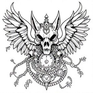 Half animal half machine steampunk seemed with skulls chains. Rope clock pieces gothic wings and vines