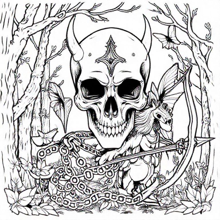Gothic themed skull with chain's knives fairies in mystical forest.
With bow and arrow and mystical creature half machine half horse