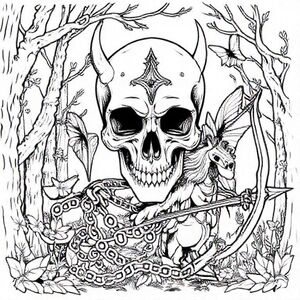 Gothic themed skull with chain's knives fairies in mystical forest.
With bow and arrow and mystical creature half machine half horse