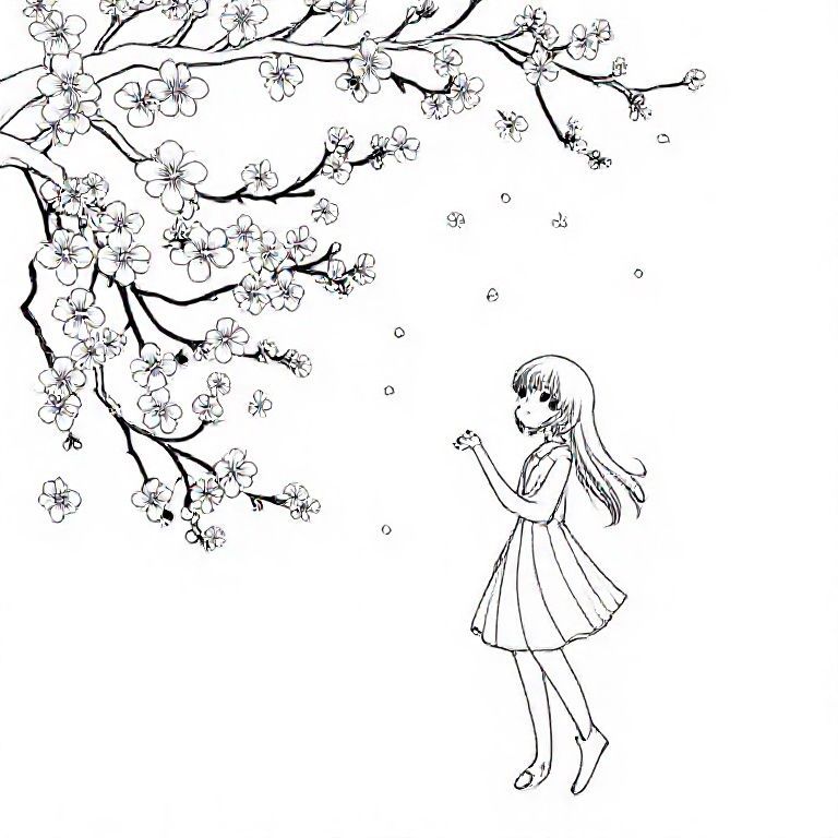Một cô gái anime bắt hoa anh đào rơi.