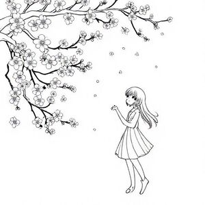 Một cô gái anime bắt hoa anh đào rơi.