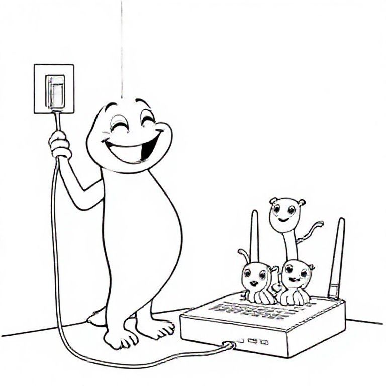 Một người bà vui vẻ, hơi hỗn loạn cười kéo một phích cắm lớn ra khỏi tường. Bên cạnh nó là một bộ định tuyến mà từ đó những đám mây hoạt hình nhỏ hoặc tia lửa nổi lên.