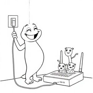 Một người bà vui vẻ, hơi hỗn loạn cười kéo một phích cắm lớn ra khỏi tường. Bên cạnh nó là một bộ định tuyến mà từ đó những đám mây hoạt hình nhỏ hoặc tia lửa nổi lên.