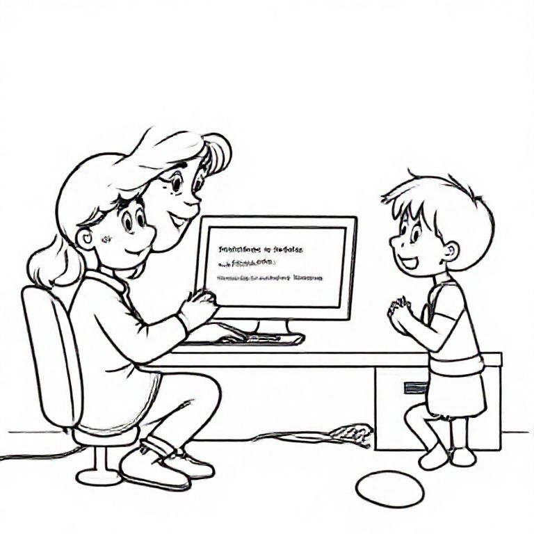 Bà bên máy tính hiển thị một thông báo lỗi hài hước. Hai đứa trẻ trông ngạc nhiên. Phong cách sách thiếu nhi, đường nét gọn gàng, đen trắng."