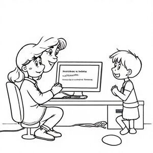 Bà bên máy tính hiển thị một thông báo lỗi hài hước. Hai đứa trẻ trông ngạc nhiên. Phong cách sách thiếu nhi, đường nét gọn gàng, đen trắng."