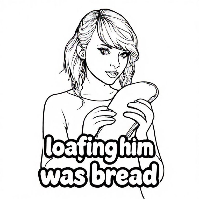 Một bức ảnh Taylor Swift cầm bánh mì và dòng chữ "lười biếng anh ta là bánh mì" bằng chữ bong bóng