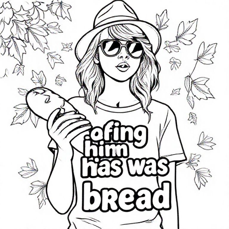 Taylor swift cầm một ổ bánh mì và bằng chữ bong bóng cụm từ "lười biếng anh ta là bánh mì". Cô ấy đeo kính râm, một chiếc mũ fedora và áo phông. ở hậu cảnh có những chiếc lá mùa thu 