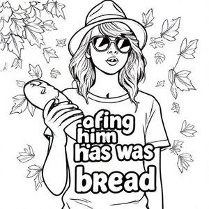 Taylor swift cầm một ổ bánh mì và bằng chữ bong bóng cụm từ "lười biếng anh ta là bánh mì". Cô ấy đeo kính râm, một chiếc mũ fedora và áo phông. ở hậu cảnh có những chiếc lá mùa thu 