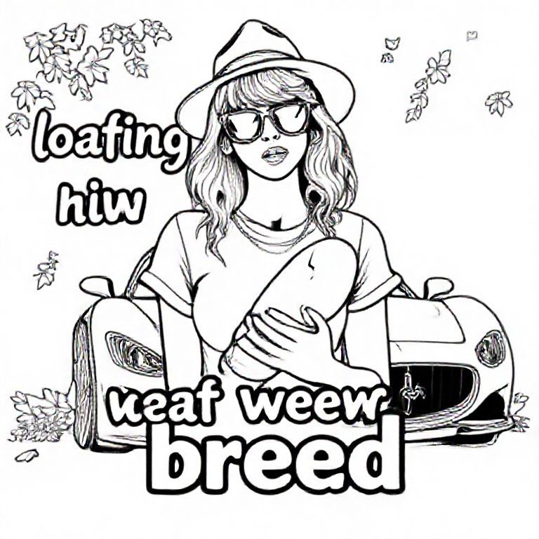 Một bức ảnh của Taylor Swift mặc áo phông, mũ fedora, kính râm và cầm một ổ bánh mì. Dòng chữ "lười biếng anh ấy là bánh mì" bằng chữ bong bóng. Một chiếc Maserati và lá mùa thu ở hậu cảnh.