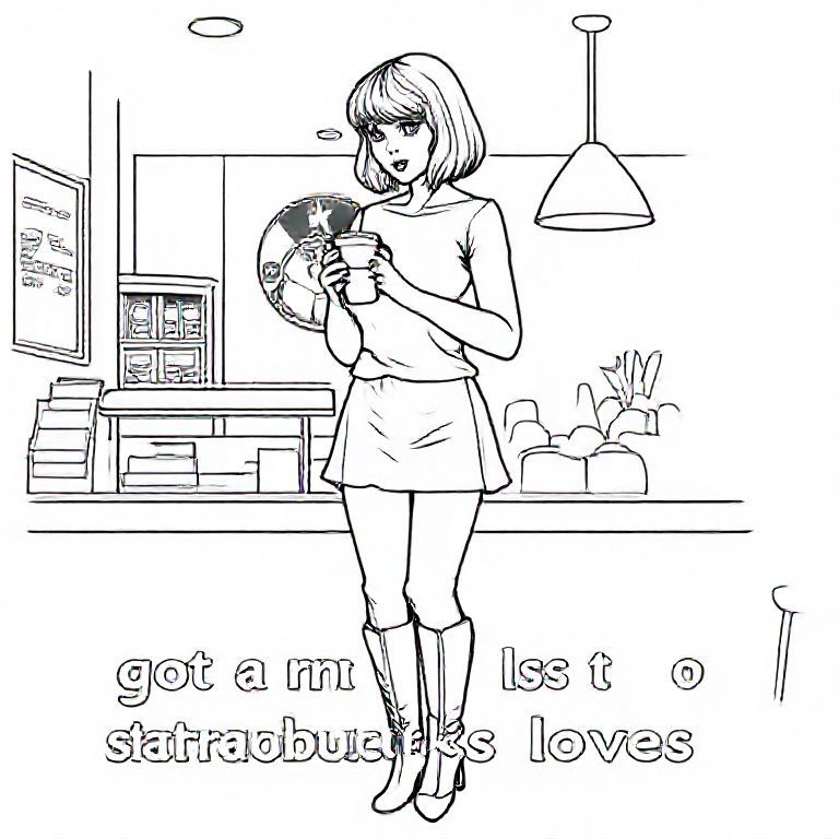 Một bức ảnh taylor swift đứng trong một quán starbucks và cầm một ly cà phê. Cô ấy mặc một chiếc áo dễ thương, váy ngắn và bốt dài với một vết thương. Kiểu tóc của cô ấy là một kiểu tóc bob ngắn với tóc mái. Dòng chữ "Có một danh sách dài những người yêu thích Starbucks"