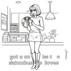 Một bức ảnh taylor swift đứng trong một quán starbucks và cầm một ly cà phê. Cô ấy mặc một chiếc áo dễ thương, váy ngắn và bốt dài với một vết thương. Kiểu tóc của cô ấy là một kiểu tóc bob ngắn với tóc mái. Dòng chữ "Có một danh sách dài những người yêu thích Starbucks"