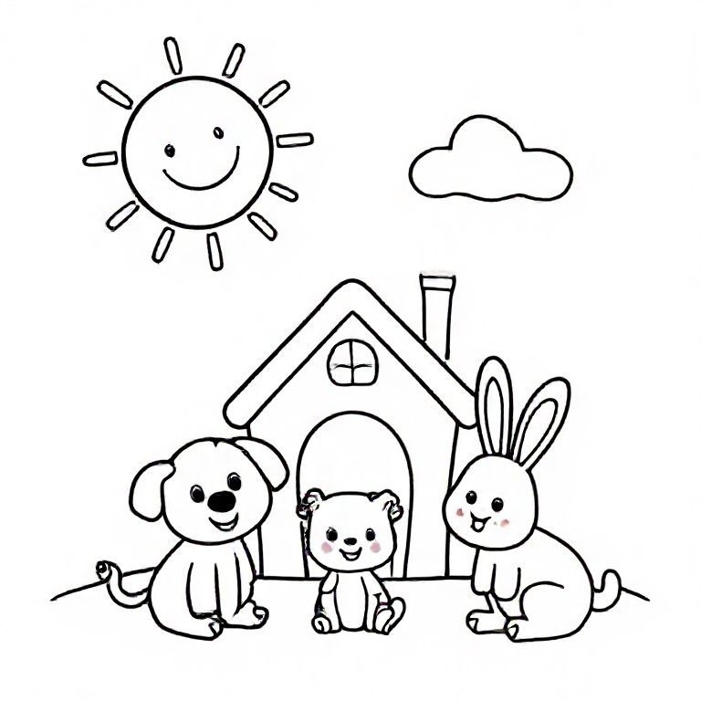 Draw a simple, cute, and friendly line-art coloring page for preschool children. Include a smiling sun, a happy cloud, a small house, and three playful animals (a puppy, a kitten, and a bunny). Keep the lines thick and clear, with big shapes and minimal details so it is easy for young children to color. No text on the page.
