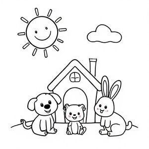 Draw a simple, cute, and friendly line-art coloring page for preschool children. Include a smiling sun, a happy cloud, a small house, and three playful animals (a puppy, a kitten, and a bunny). Keep the lines thick and clear, with big shapes and minimal details so it is easy for young children to color. No text on the page.