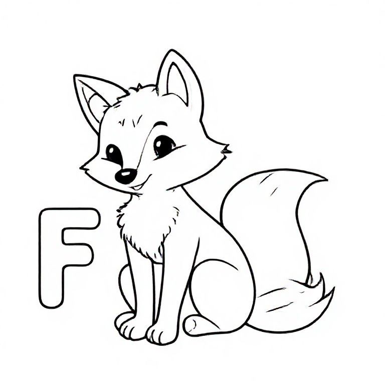 Cute cartoon fox sitting with fluffy tail wrapped around, big capital letter “F” beside it, simple line art, bold outlines, no shading, kids colouring page.