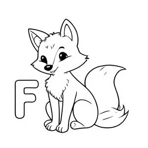 Cute cartoon fox sitting with fluffy tail wrapped around, big capital letter “F” beside it, simple line art, bold outlines, no shading, kids colouring page.