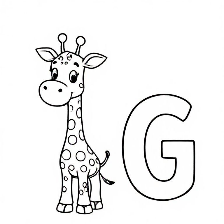 Smiling cartoon giraffe with short neck and simple spots, standing next to big capital letter “G”, bold black outlines, minimal details, kids colouring page.