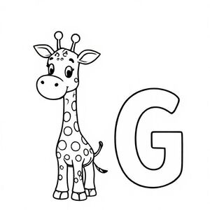 Smiling cartoon giraffe with short neck and simple spots, standing next to big capital letter “G”, bold black outlines, minimal details, kids colouring page.