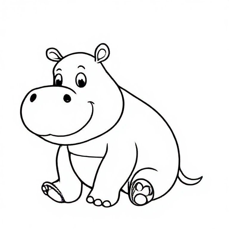 Round cartoon hippo sitting with tiny ears and big nose, big capital letter “H” beside it, thick black line art, simple shapes, kids colouring sheet.