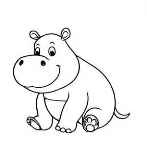 Round cartoon hippo sitting with tiny ears and big nose, big capital letter “H” beside it, thick black line art, simple shapes, kids colouring sheet.