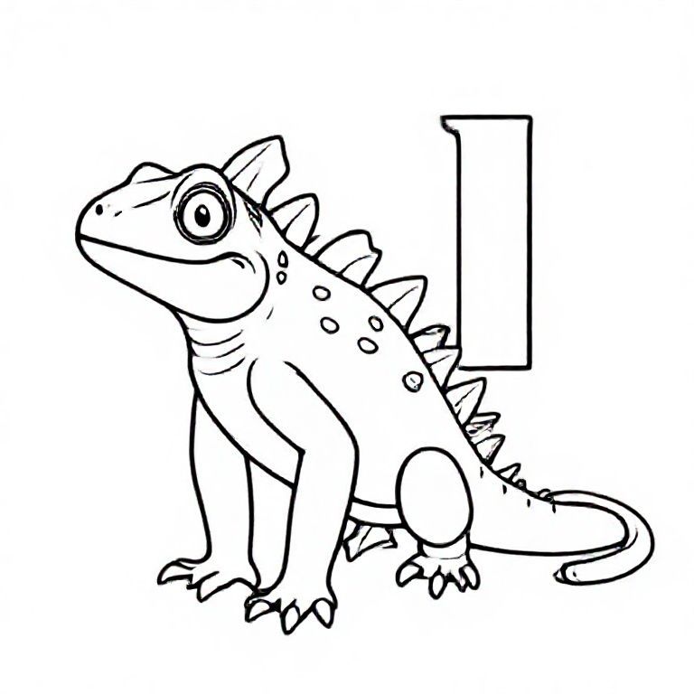 Friendly cartoon iguana with soft spikes on its back, standing beside big capital letter “I”, simple curves, bold black outline, kids colouring page.