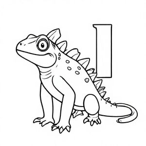 Friendly cartoon iguana with soft spikes on its back, standing beside big capital letter “I”, simple curves, bold black outline, kids colouring page.