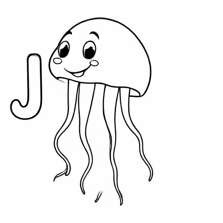 Cute smiling cartoon jellyfish with short wavy tentacles, big capital letter “J” beside it, black-and-white line art, thick outlines, kids sea-animal colouring page.