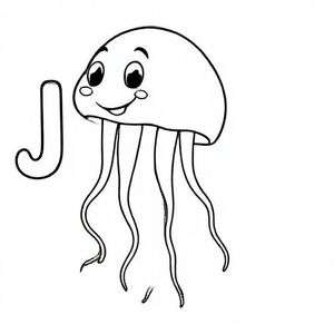 Cute smiling cartoon jellyfish with short wavy tentacles, big capital letter “J” beside it, black-and-white line art, thick outlines, kids sea-animal colouring page.