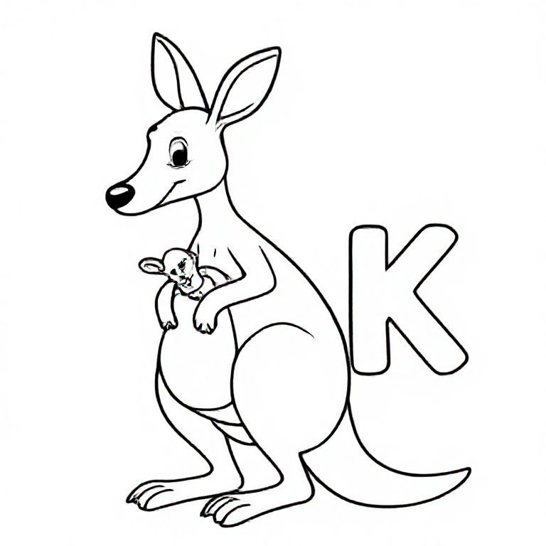 Cartoon kangaroo standing upright with baby joey peeking from pouch, big capital letter “K” beside it, simple bold outlines, black-and-white colouring page.