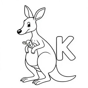 Cartoon kangaroo standing upright with baby joey peeking from pouch, big capital letter “K” beside it, simple bold outlines, black-and-white colouring page.