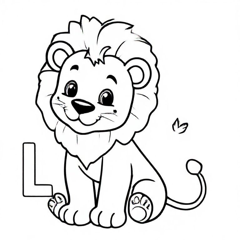 Cute cartoon lion sitting with big round mane and tiny crown-like tuft on tail, big capital letter “L” beside it, thick black outlines, simple kids colouring page.