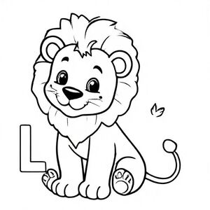 Cute cartoon lion sitting with big round mane and tiny crown-like tuft on tail, big capital letter “L” beside it, thick black outlines, simple kids colouring page.