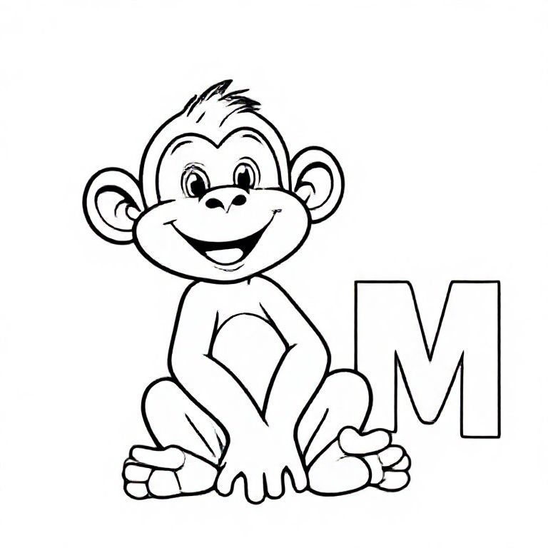Playful cartoon monkey sitting with curly tail and smiling face, big capital letter “M” beside it, bold line art, black-and-white, easy to colour.

